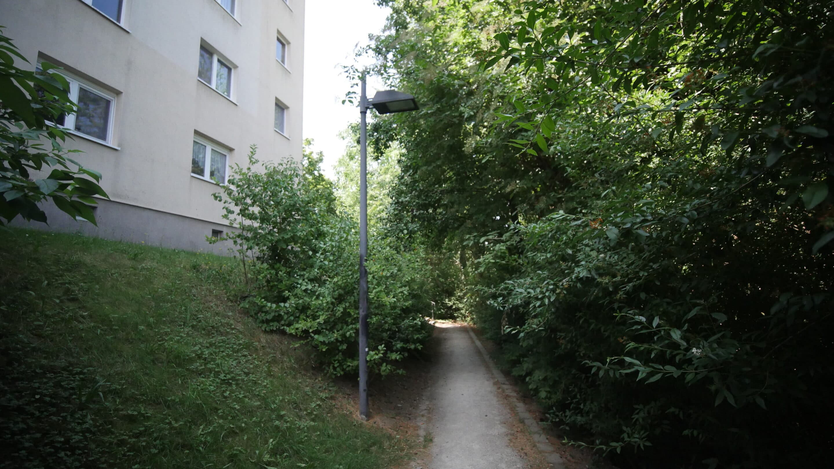 Ein einsamer Fußweg führt durch den Stadtteil Wiesenhügel in Erfurt