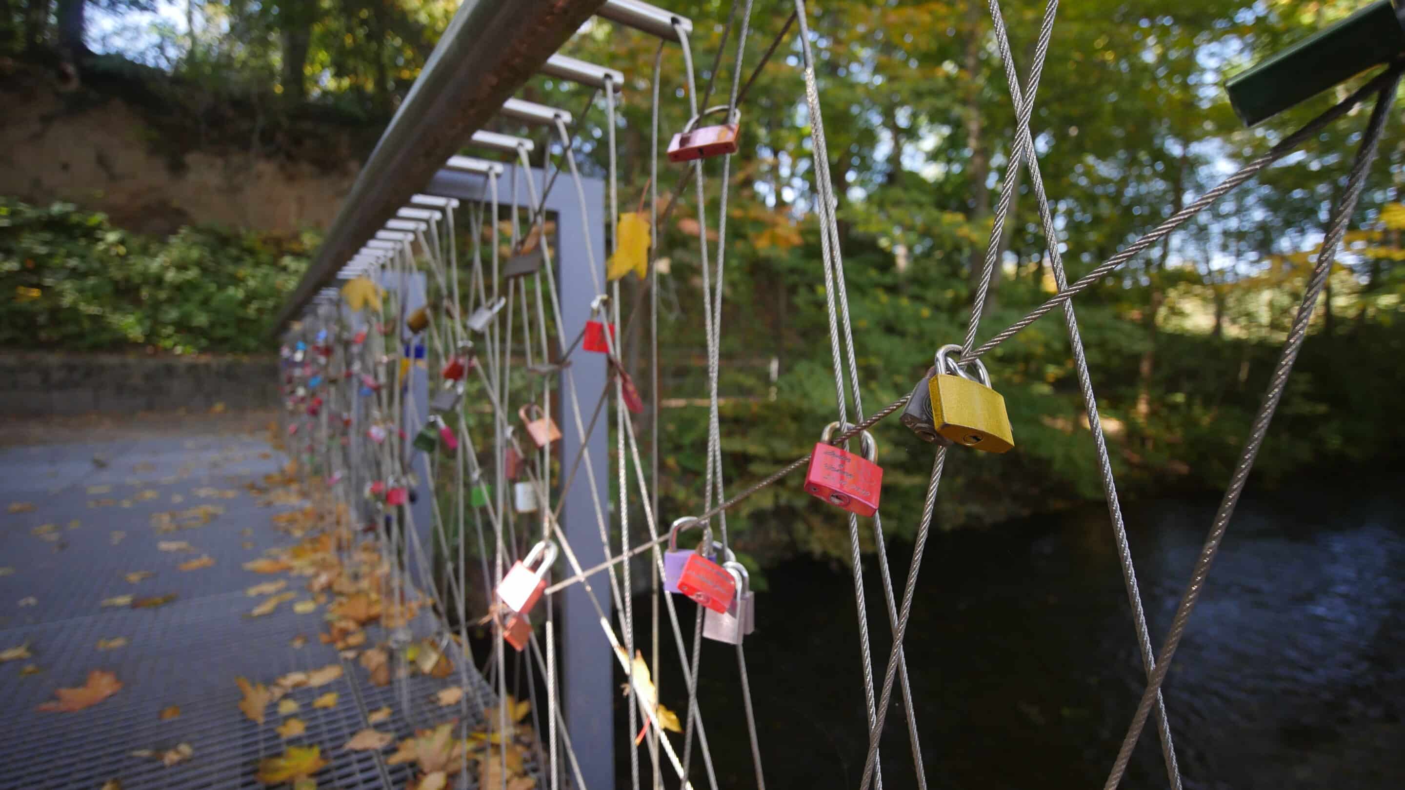 Liebesschlösser hängen untrennbar an einer Brücke im Luisenpark Erfurt.