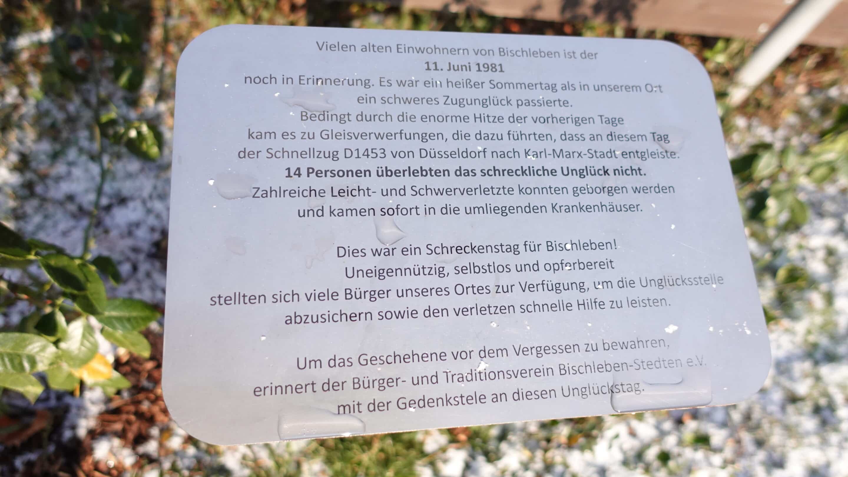 Gedenktafel für Zugünglück welches sich am 11.06.1981 in Erfurt Bischleben ereignete.