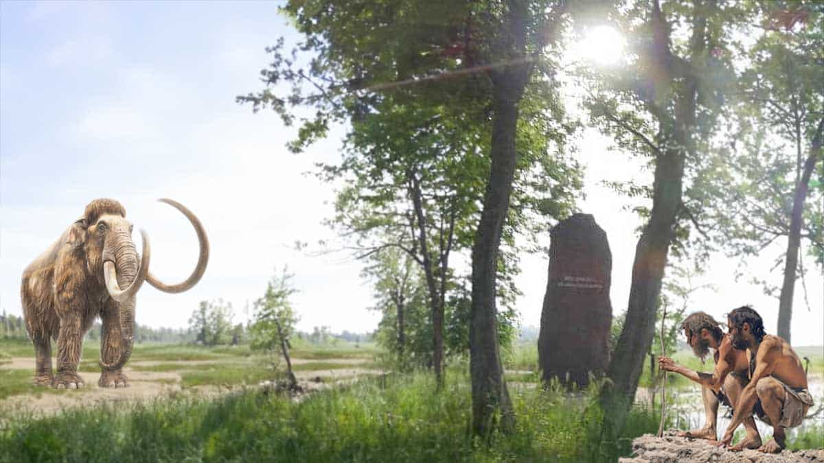 Die Fotomontage zeigt den Lutherstein in Erfurt Stotternheim in einer fiktiven Vorzeit mit Mammut und Urmenschen.