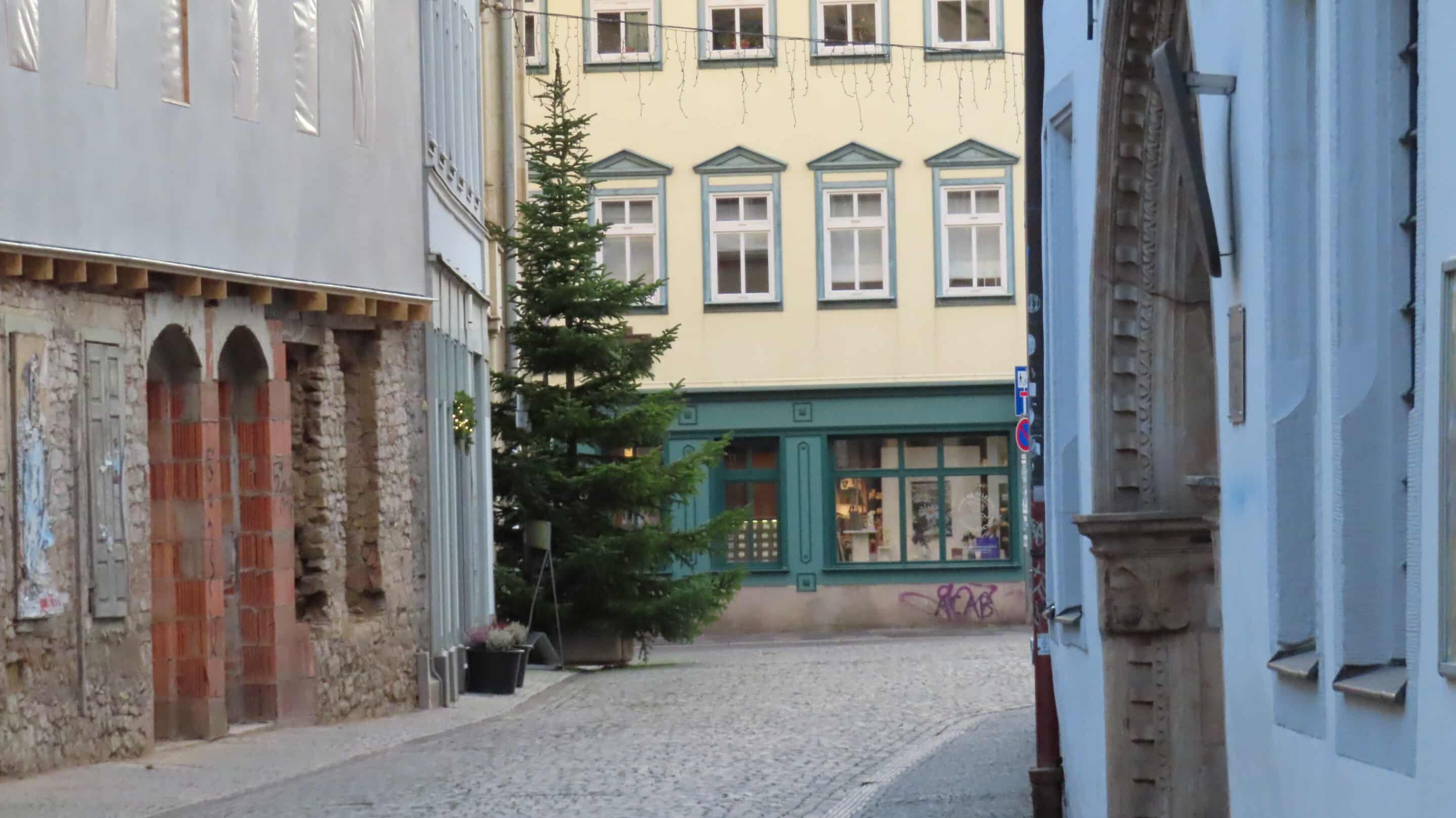 Große Arche Altstadt Erfurt mit Weihnachtsbaum an der Ecke Kettengasse.