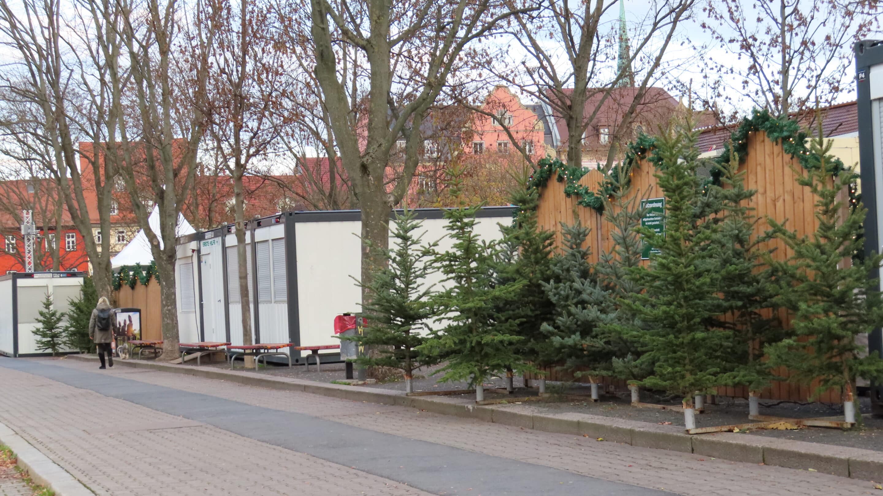 Sanitätscontainer am Domplatz Erfurt zur Zeit des Weihnachtsmarkts mit Weihnachtsbäumen.