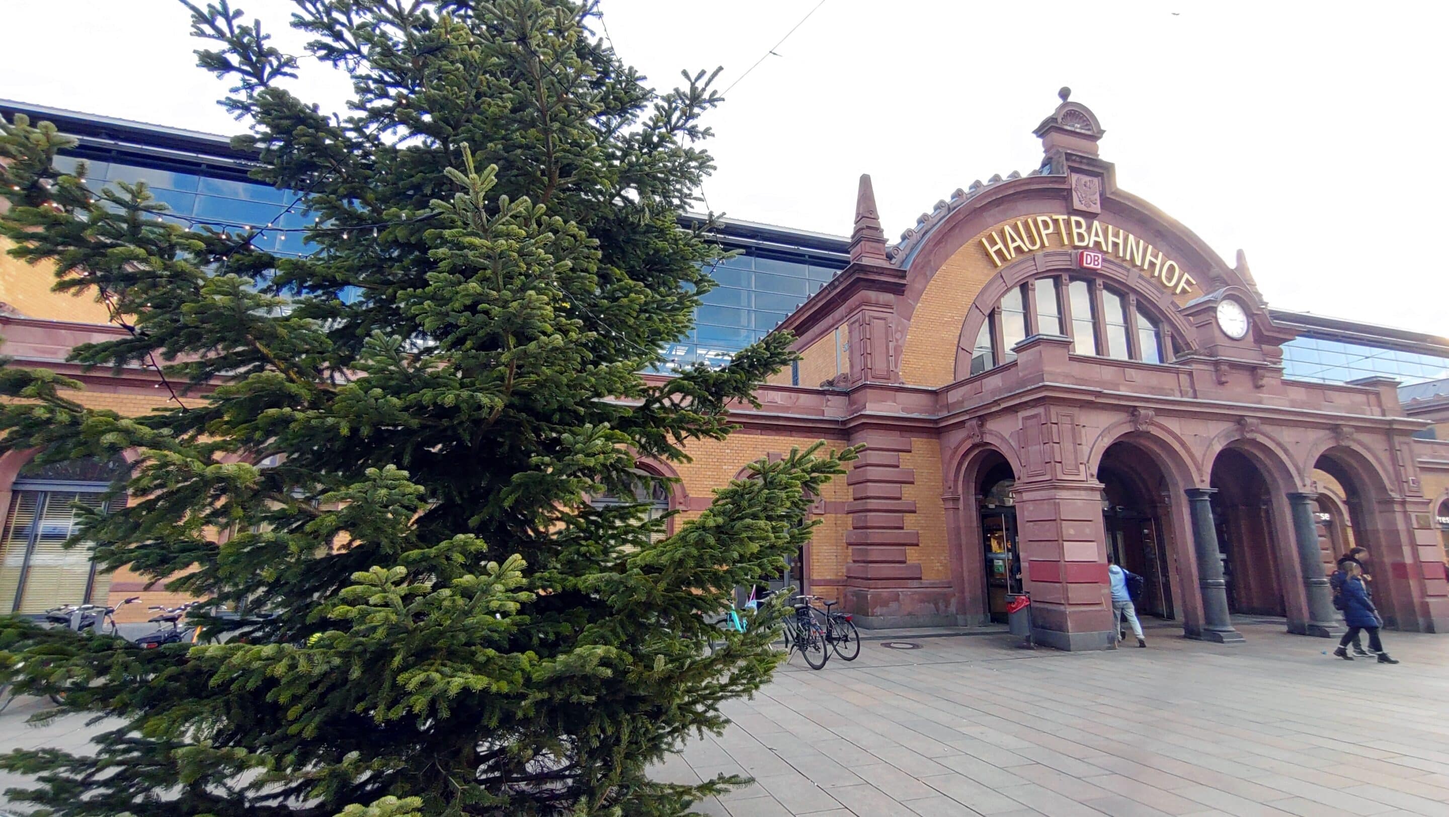 Ein Weihnachtsbaum auf dem Bahnhofsvorplatz am Hauptbahnhof Erfurt dem Willy Brandt Platz.