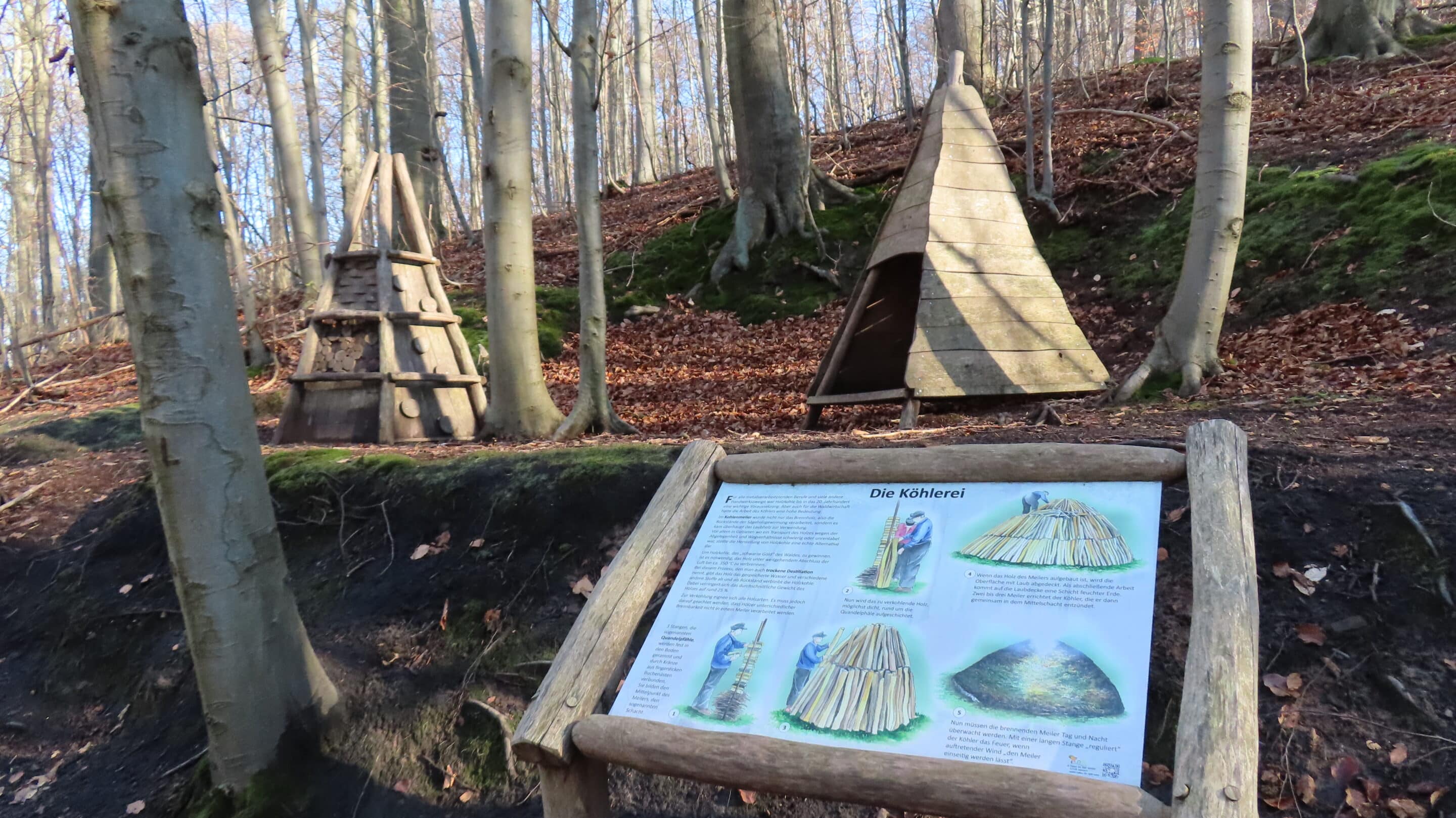 Darstellung des Köhlerwesens am Modell einer Köhlerei am Familienwanderweg Garnbacher Rabenswald bei Wiehe.