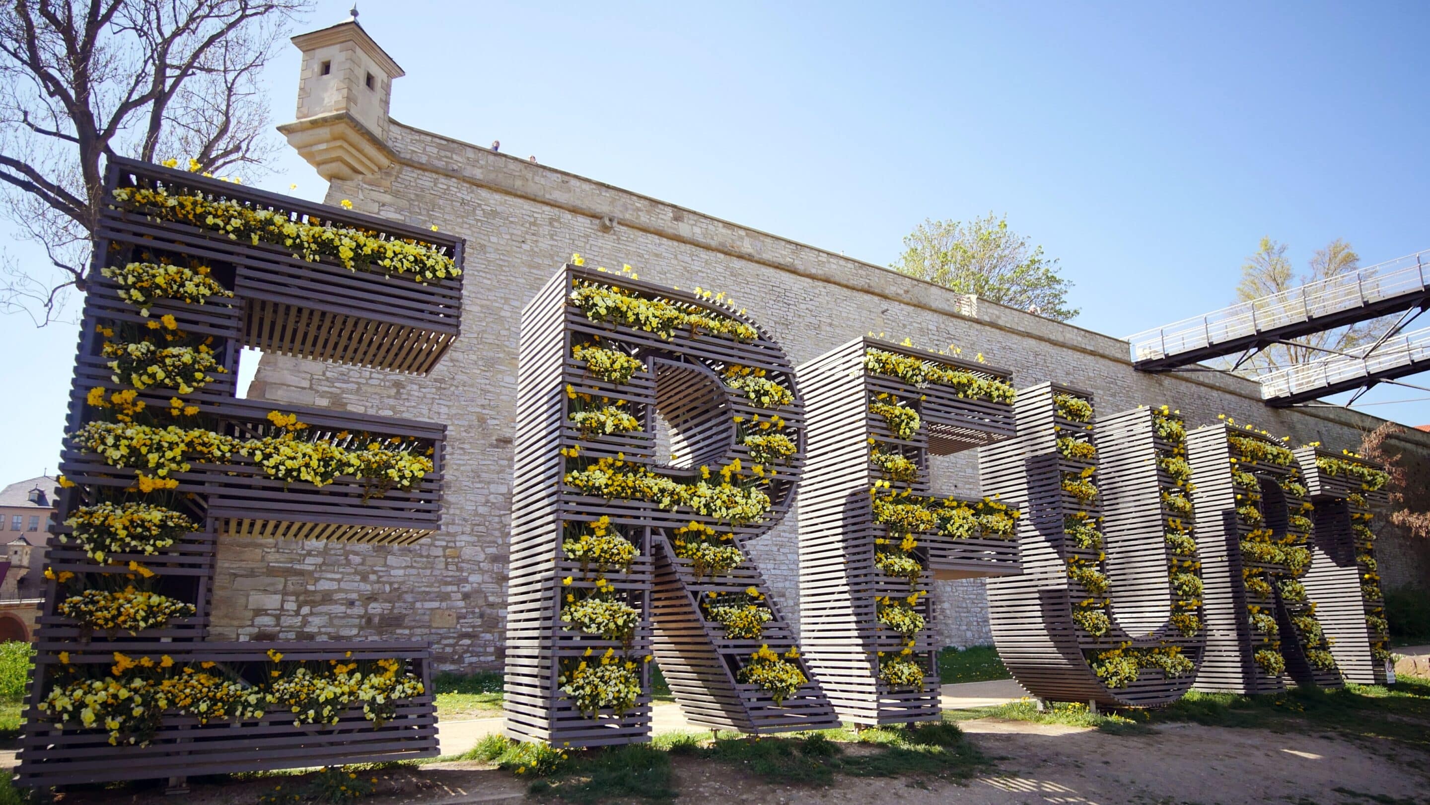 Der berühmte Erfurt Schriftzug steht bepflanzt am Petersberg in der Landeshauptstadt von Thüringen.